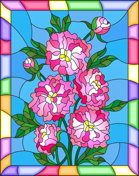 스테인드 글라스 스타일 꽃, 새싹 그림과 밝은 프레임에 파란색 바탕에 분홍색 모란의 잎 — 스톡 벡터