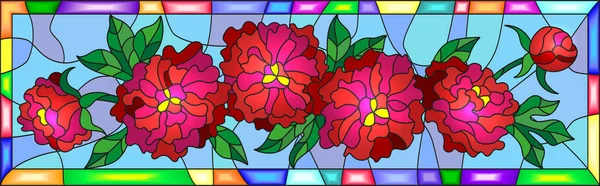 Illustration in stained glass style with flowers, buds and leaves of  red peonies on a blue background in bright frame,horizontal orientation — Stock Vector