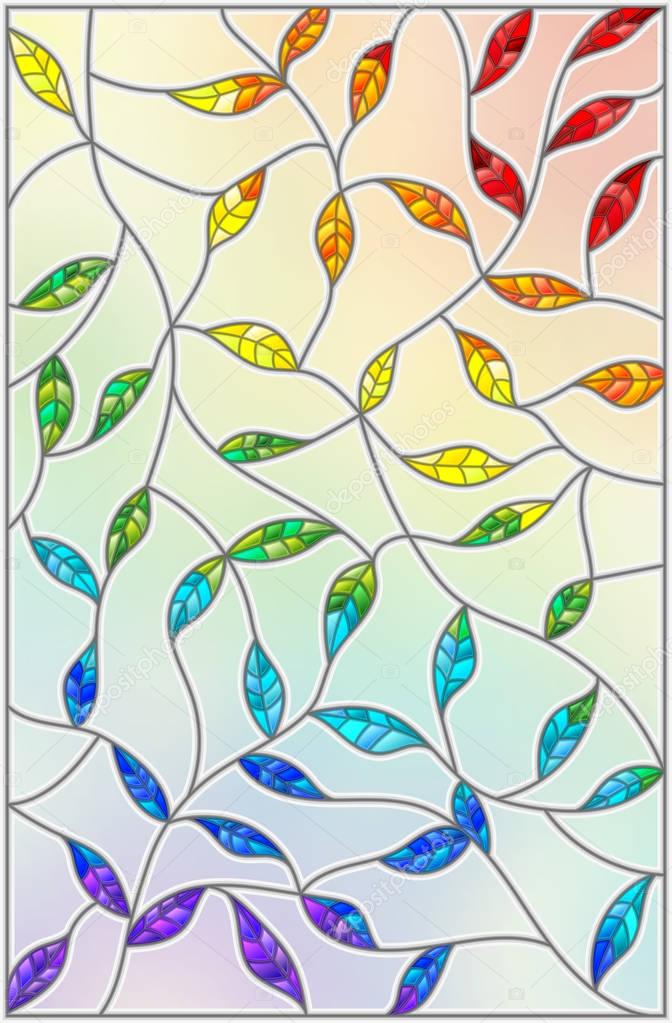 Illustration in the style of stained glass with leaves painted in a rainbow on a light background