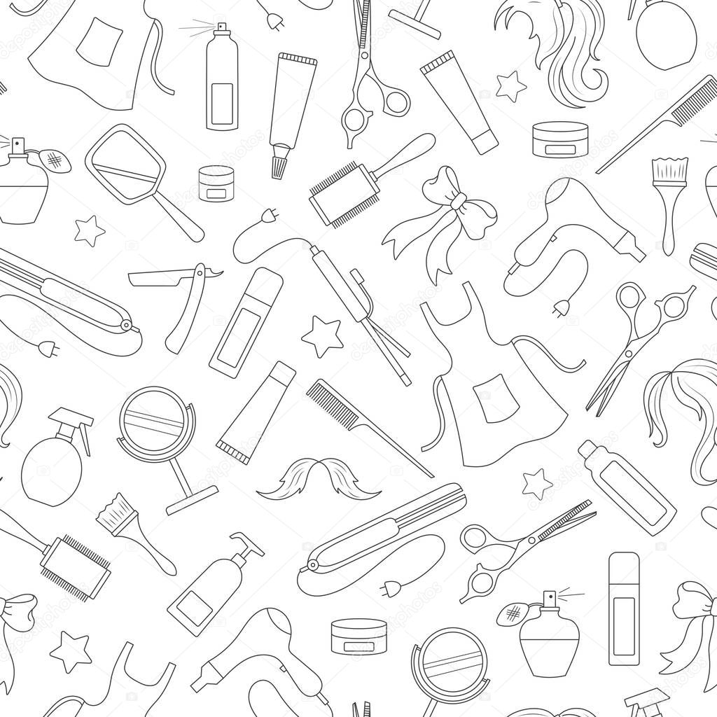 Seamless pattern on the theme of the Barber shop, the tools and accessories of the hairdresser, a simple contour icons, black contour on white background
