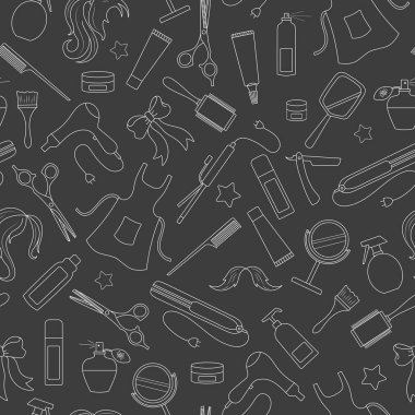 Kuaför Dükkanı, araçları ve aksesuarları Kuaför, basit bir kontur simgeler, koyu arka plan üzerinde beyaz kontur konulu seamless modeli