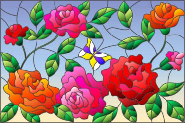Vitray tarzı çiçek ve yaprakları gül gökyüzü arka plan üzerinde resimde