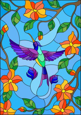 Vitray stili arka plan üzerinde renkli sinek kuşu ile çizimde gökyüzü, yeşillik ve çiçekler
