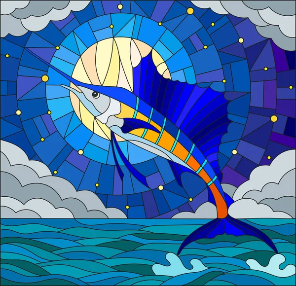 Ilustrace v vitráže stylu s rybí plachetnice na pozadí vody, mrak, obloha, hvězdy a měsíc — Stockový vektor