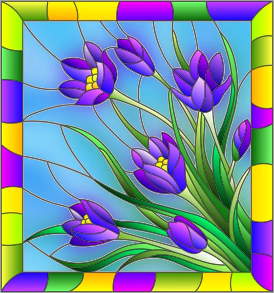 フレームの青色の背景に紫のクロッカスの花束とステンド グラス風イラスト — ストックベクタ