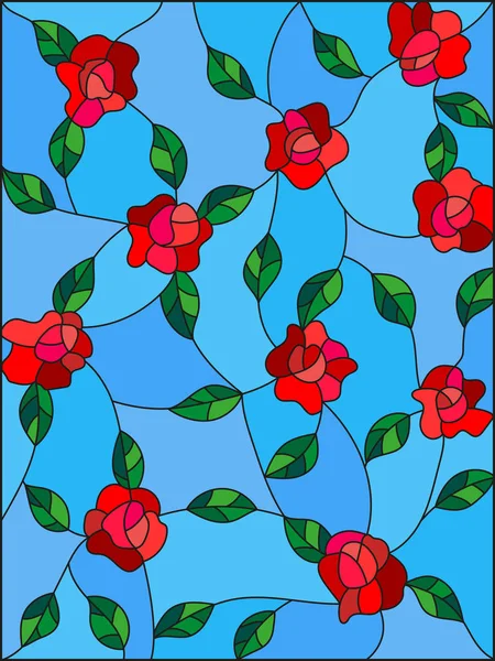 Illustration im Stil der Glasmalerei mit ineinander verschlungenen Rosen und Blättern auf blauem Hintergrund — Stockvektor