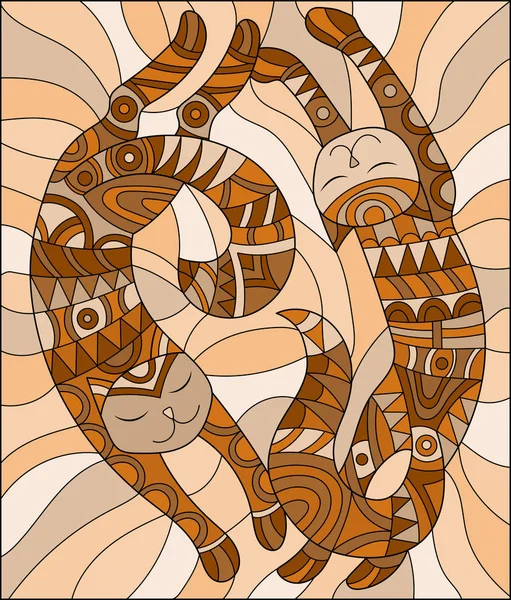 Иллюстрация в стиле витража с парой абстрактных кошек, коричневый тон, Сепия — стоковый вектор