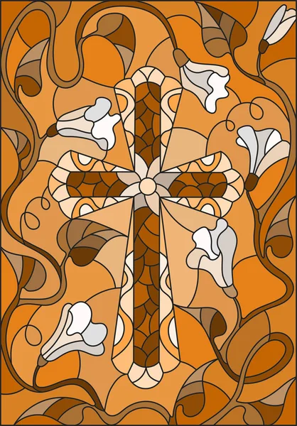 Ilustração de vidro manchado com uma cruz no céu e flores, tom marrom, Sépia —  Vetores de Stock