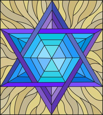 Vitray tarzı bir soyut altı köşeli mavi yıldızı kahverengi bir arka plan illüstrasyon