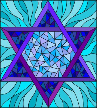 Vitray tarzı bir soyut altı köşeli mavi yıldızı ile mavi bir arka plan üzerinde resimde