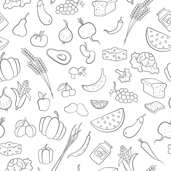 Seamless mönster på temat vegetarianism, livsmedelsbutiker ikoner, enkla kontur svart ikoner på en vit bakgrund — Stock vektor