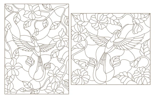 Las ilustraciones en el estilo vidriera Colibrí sobre un fondo de flores y hojas — Vector de stock