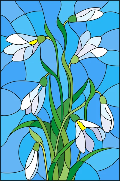 Ilustración en estilo vitral con ramo de gotas de nieve blancas sobre fondo azul — Vector de stock