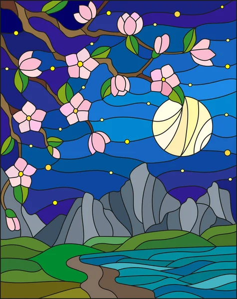 Иллюстрация в витражном стиле с цветением вишни на фоне гор, звездного неба, луны и моря — стоковый вектор
