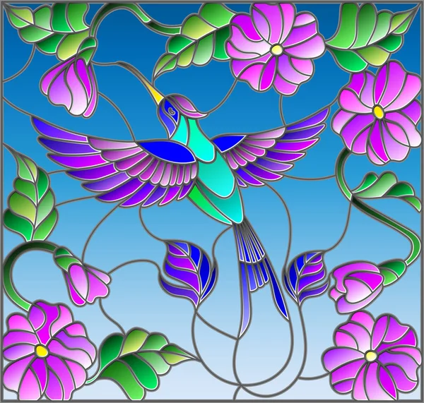 Ilustración en estilo vidriera con colorido colibrí sobre fondo del cielo, vegetación y flores — Vector de stock