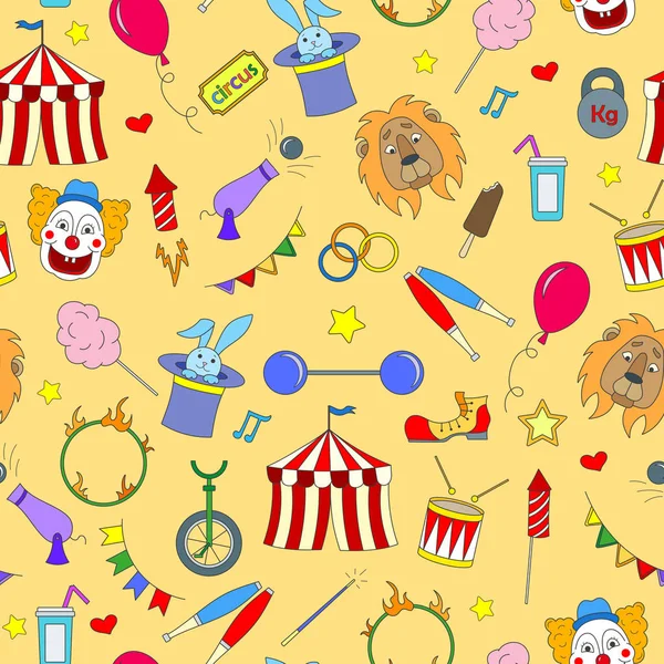 Patrón sin costuras sobre el tema del circo, iconos de color simples sobre fondo amarillo — Vector de stock