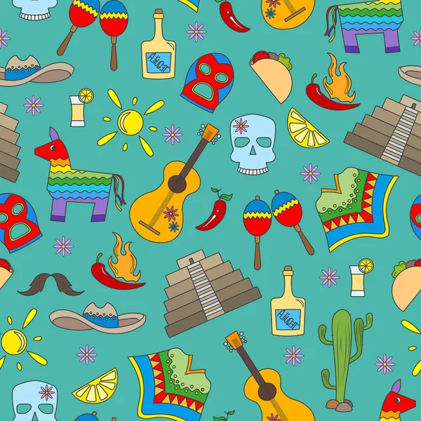 Pola mulus pada tema rekreasi di negara Meksiko, ikon berwarna-warni dengan latar belakang hijau - Stok Vektor