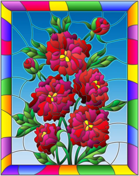 Illustratie in gebrandschilderd glas stijl met bloemen, knoppen en bladeren van rode pioenrozen op een blauwe achtergrond in een helder frame — Stockvector