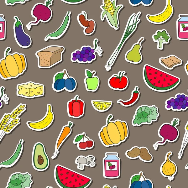 Бесшовный фон на тему вегетарианства, простые иконы, наклейки с пищевыми знаками на коричневом фоне — стоковый вектор