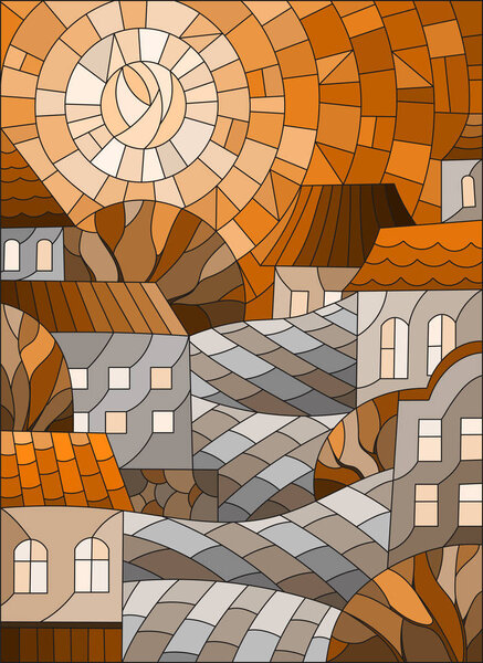 Illustration in stained glass style, urban landscape,roofs and trees against the day sky and sun,Sepia,tone brown