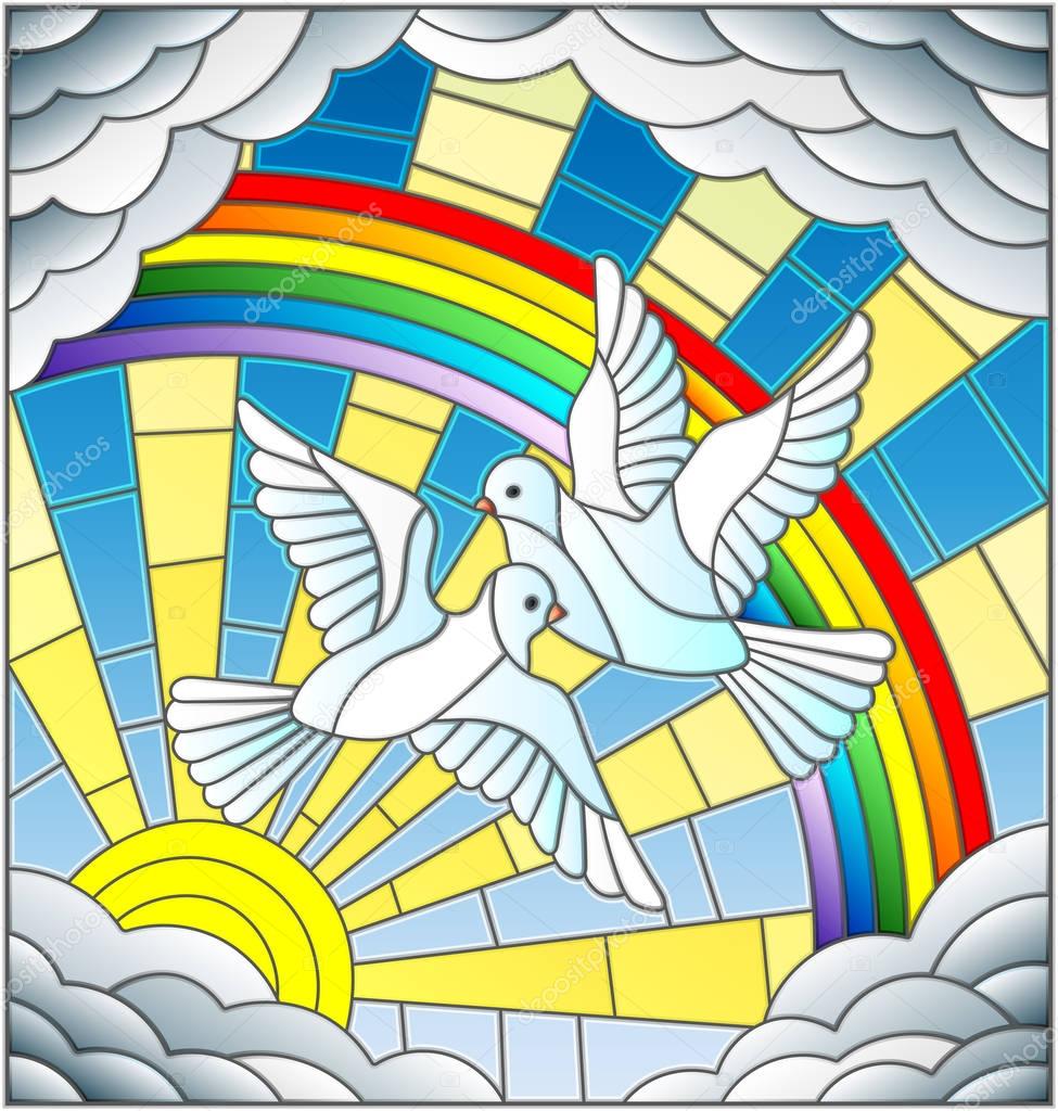 Illustration in stained glass style with a pair of white pigeons is not the background of the Sunny sky , rainbow and clouds