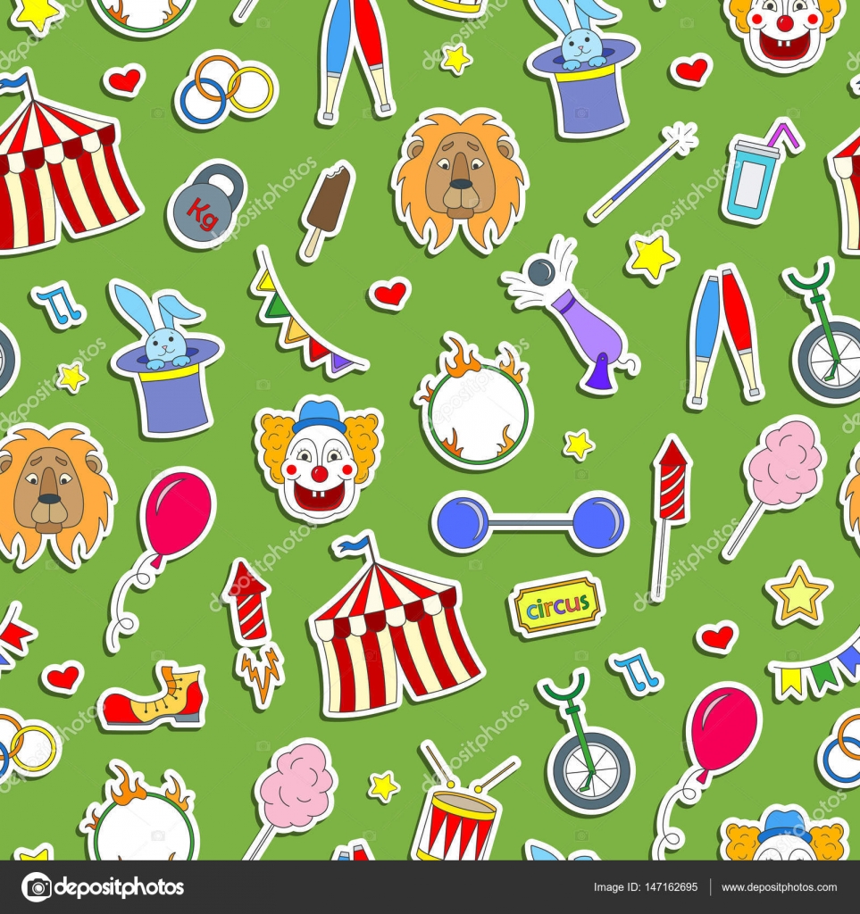 Modello senza cuciture sul tema del circo adesivi semplici icone Modello senza cuciture sul tema del circo adesivi semplici icone colorate su sfondo verde —