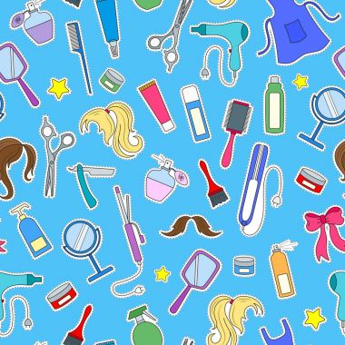 Kuaför Dükkanı, araçları ve aksesuarları, Kuaför, mavi bir arka plan üzerinde renkli yamalar simgeler konulu seamless modeli