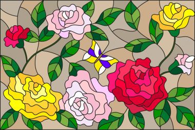 Vitray tarzı çiçek ve yaprakları kahverengi zemin üzerine gül illüstrasyon