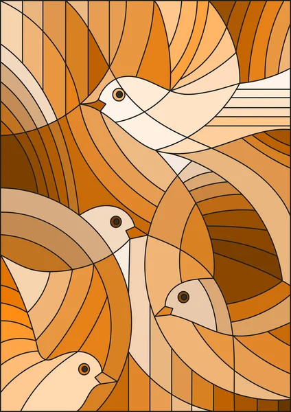 Illustratie in gebrandschilderd glas stijl met abstracte vogels, Sepia, Toon brown — Stockvector