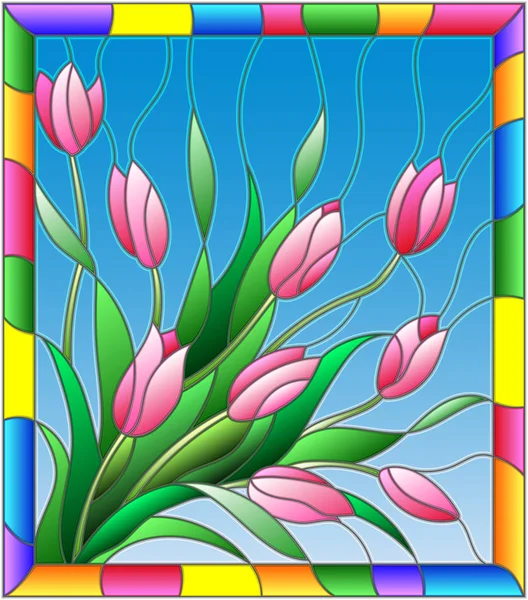 Illustration in stained glass style with a bouquet of tulipson a blue background in the frame — Stock Vector