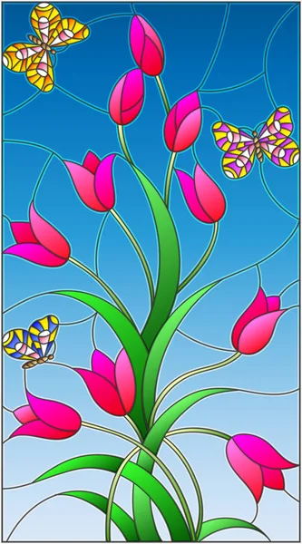 Ілюстрація в стилі вітраж з трояндовими бутонами тюльпани і барвисті метелики на синьому фоні — стоковий вектор