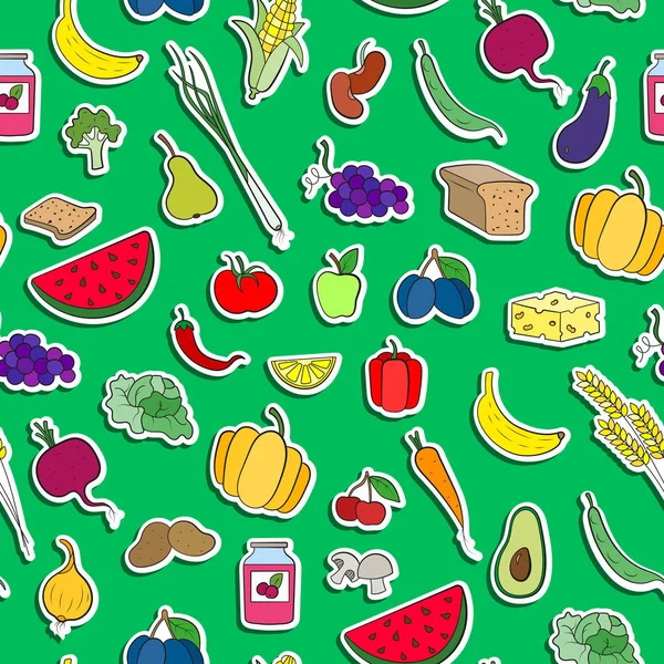 Fondo sin fisuras sobre el tema del vegetarianismo, iconos simples, alimentos signos pegatinas sobre un fondo verde — Vector de stock