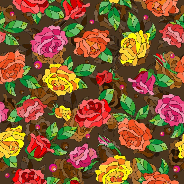无缝模式与彩色玻璃风格的春天的花朵花、 芽、 叶的多彩色抽象背景上的玫瑰 — 图库矢量图片