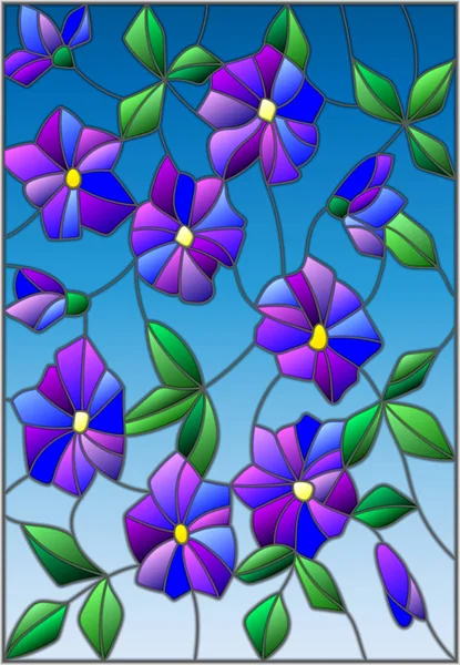 고리로 연결 되었다는 추상 보라색 꽃과 파란 배경에 잎 스테인드 글라스의 스타일 일러스트 — 스톡 벡터