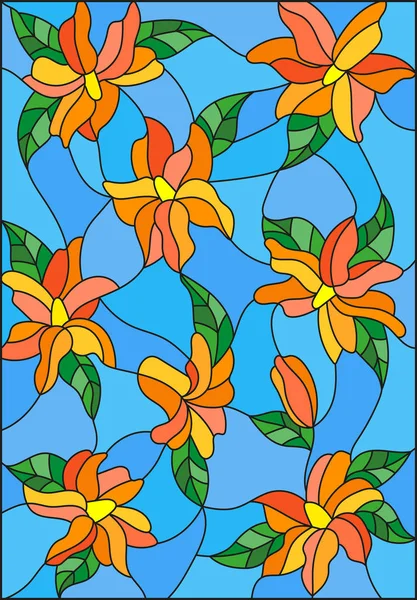 Иллюстрация в стиле витража с переплетенными лилиями и листьями на синем фоне — стоковый вектор