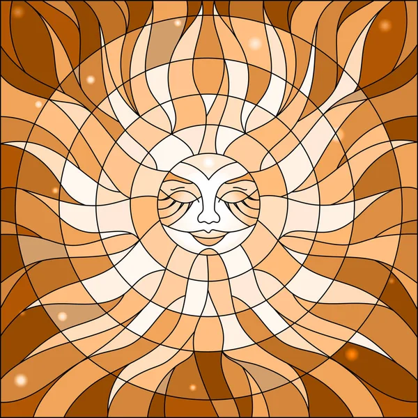 セピア色にステンド グラス ウィンドウ抽象的な太陽、ブラウン トーンのスタイルの図 — ストックベクタ