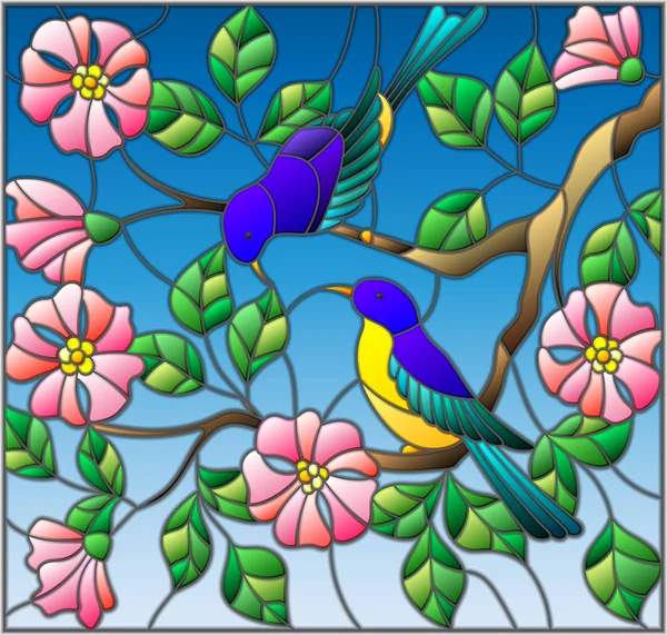 Illustration en style vitrail avec deux oiseaux brillants sur les branches de rose sauvage en fleurs sur un ciel de fond — Image vectorielle