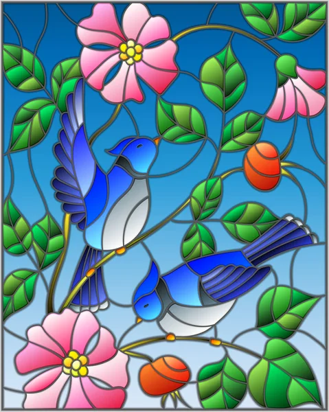 Illustration in stained glass style with two blue jays on the branches of blooming wild rose on a background sky — Stock Vector