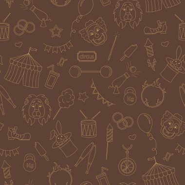 Sirk, basit kontür simgeler, kahverengi zemin üzerine bej kontur konulu seamless modeli