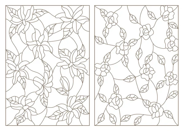 Set contour illustraties in de stijl van gebrandschilderd glas, abstracte bloemen van rozen en lelies, donkere overzicht op een witte achtergrond — Stockvector