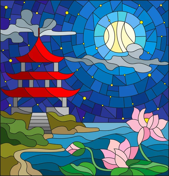 Illustratie in gebrandschilderd glas stijl met oosterse landschap, de Oosterse kerk met het rode dak tegen de bewolkte hemel en zon, een rivier met bloeiende lotusbloemen op de voorgrond — Stockvector