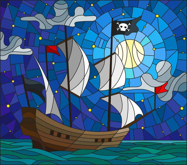 Ilustración en estilo vitral con un barco pirata en la luna, un cielo nublado y el océano — Vector de stock