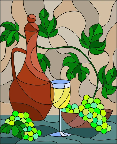 De afbeelding in gebrandschilderd glas stijl schilderij met een stilleven, een kruik wijn, glas en druiven op een beige achtergrond — Stockvector