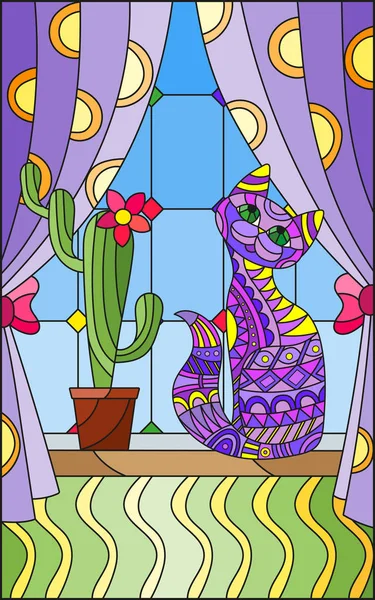 Illustratie in stijl glasraam met gordijnen en een cactus en een kat op de vensterbank — Stockvector