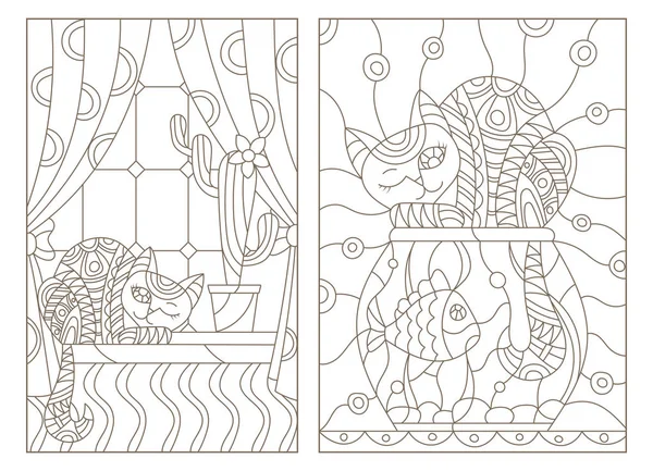 Ilustracja kontur w stylu Witraż z zasłony i kaktus i kot na parapecie — Wektor stockowy