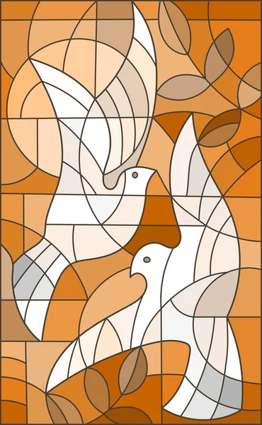 Illustrazione in stile vetrate con piccioni astratti, il sole e rami, tono marrone — Vettoriale Stock