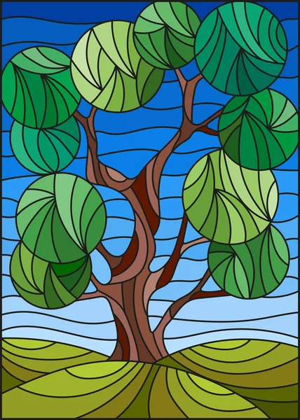 Ilustración en estilo vitral con árbol sobre fondo celeste — Archivo Imágenes Vectoriales