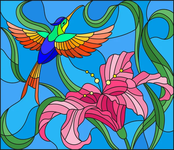 Gökyüzü, yeşillik ve Lily çiçek karşı parlak sinek kuşu stiliyle vitray çizimde — Stok Vektör