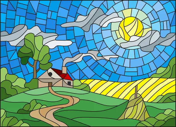 Ilustración en paisaje de estilo vidriera con una casa solitaria en medio del campo, el sol y el cielo — Vector de stock