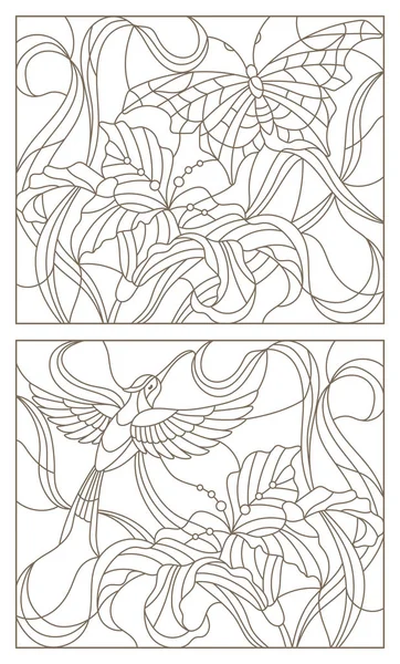 Contour illustraties instellen in de gebrandschilderd glas stijl vlinder en Hummingbird en Lily bloem — Stockvector